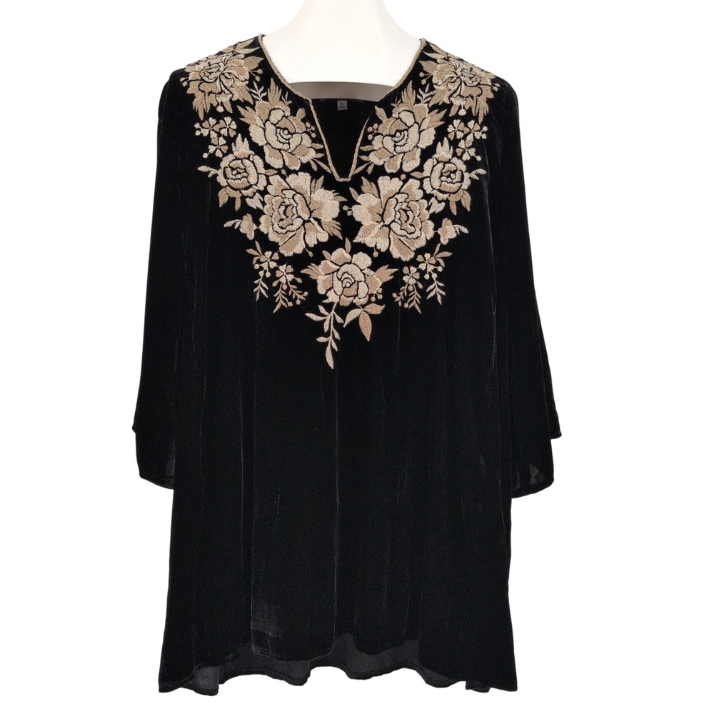 Johnny Was Velvet Tunic Floral Embroidered Boho Romantic Statement Black XLarge